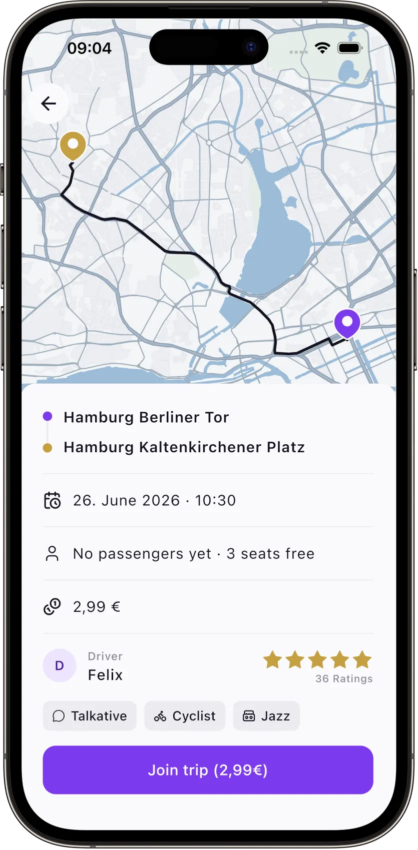 Drively App — Fahrten in Hamburg auf der Karte