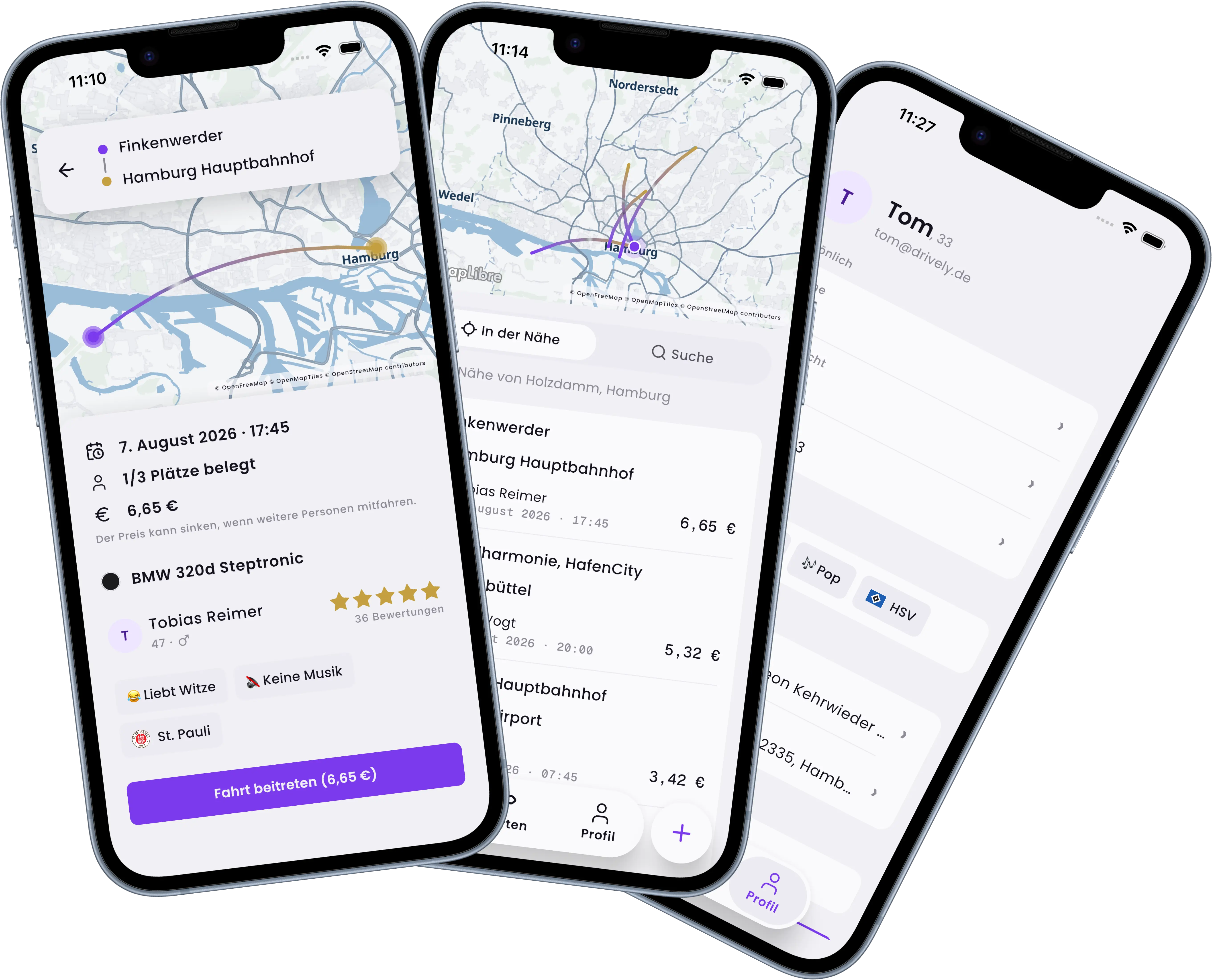 Drively App — Fahrten in Hamburg auf der Karte