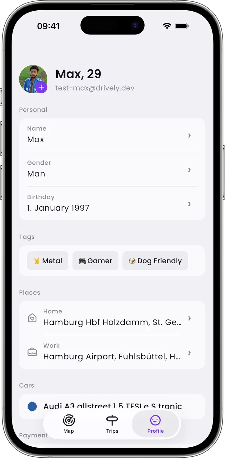 A profile with personal details, tags and places