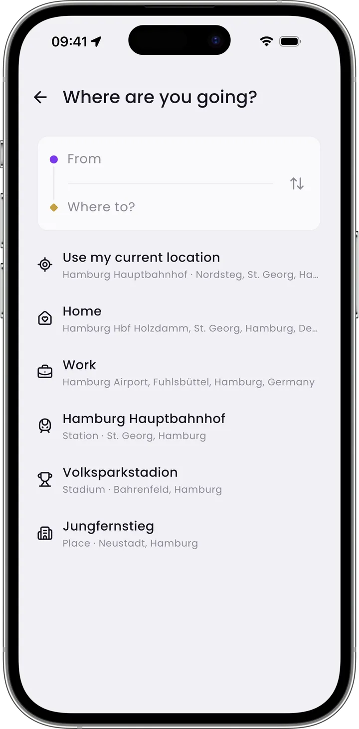 The destination search with From and To and saved places